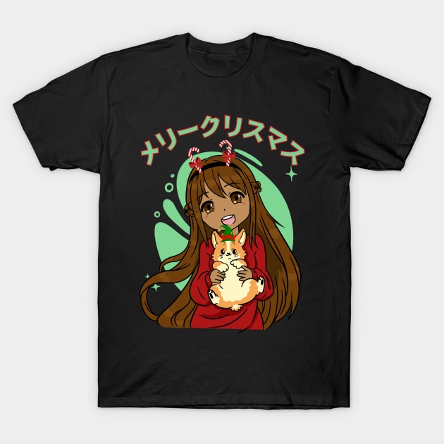 Kawaii Anime Black Girl And Corgi Christmas T-Shirt by Sugoi Otaku Gifts